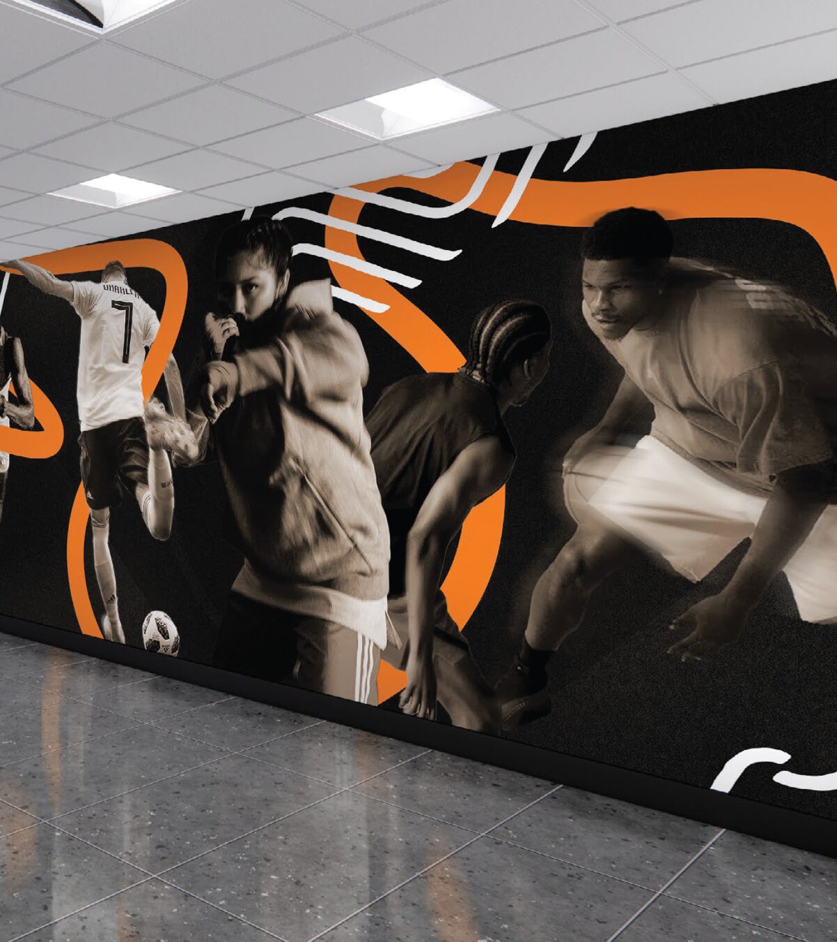 adidas office corridor with a large-scale athlete photo mural and dynamic brand graphics